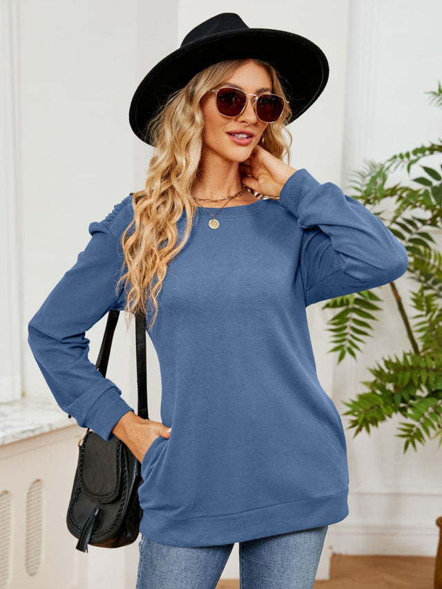 Ruched Shoulder Round Neck Long Sleeve Sweatshirt | Hanalas