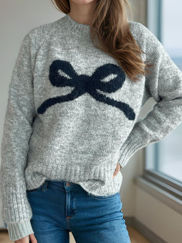 Bow Round Neck Long Sleeve Sweater Trendsi Hanalas