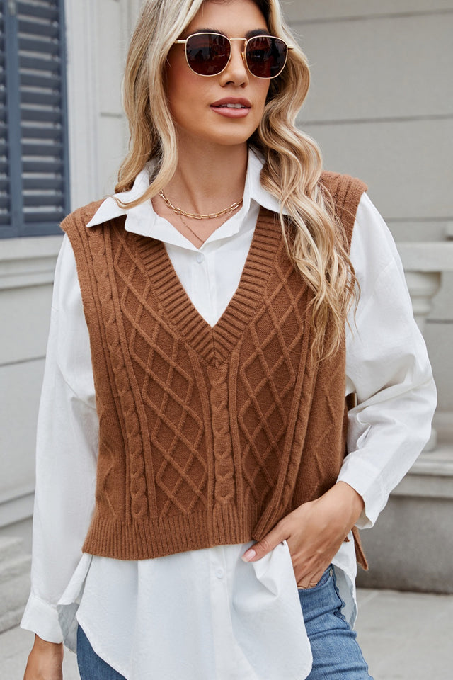 Cable-Knit V-Neck Sweater Vest | Hanalas