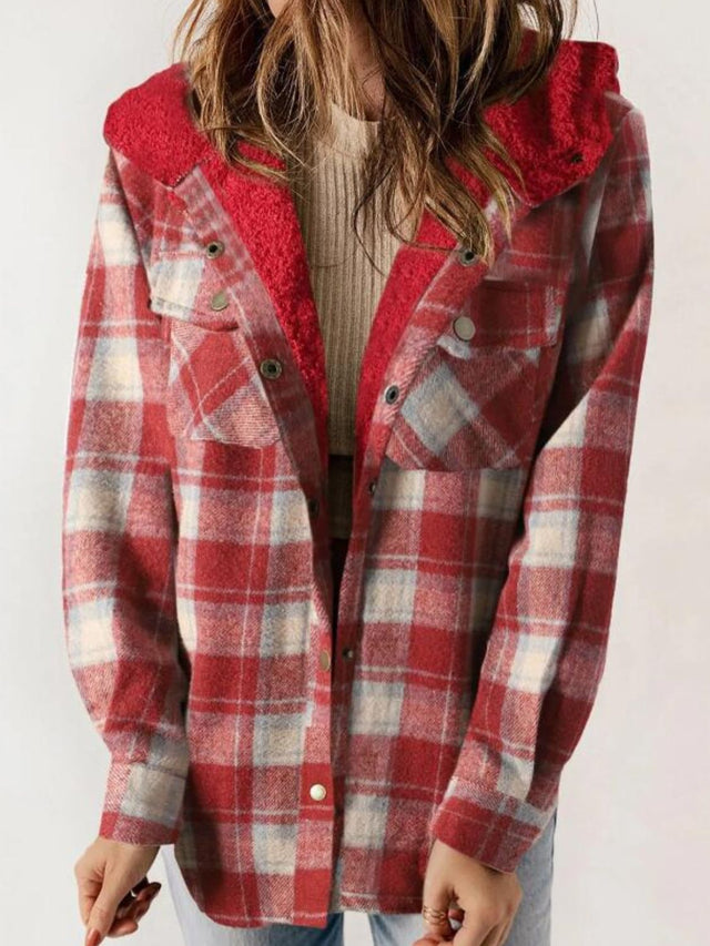 Plaid Snap Down Plush Hooded Jacket | Hanalas