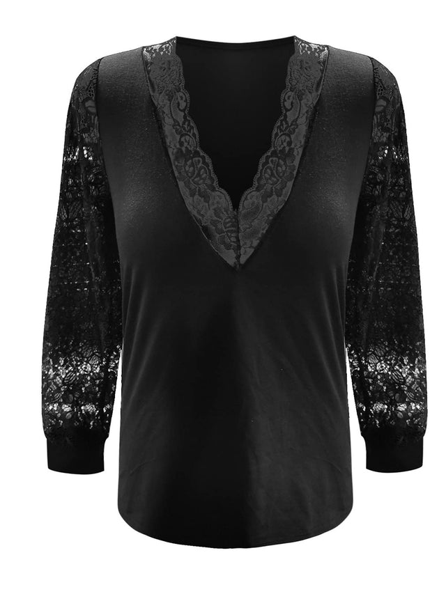 Full Size Lace Detail V-Neck Long Sleeve Blouse | Hanalas