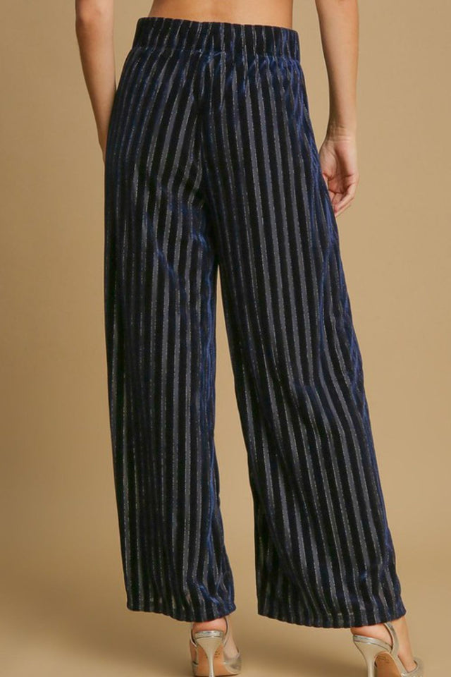 Umgee Full Size Elastic Waist Striped Wide Leg Velvet Pants | Hanalas