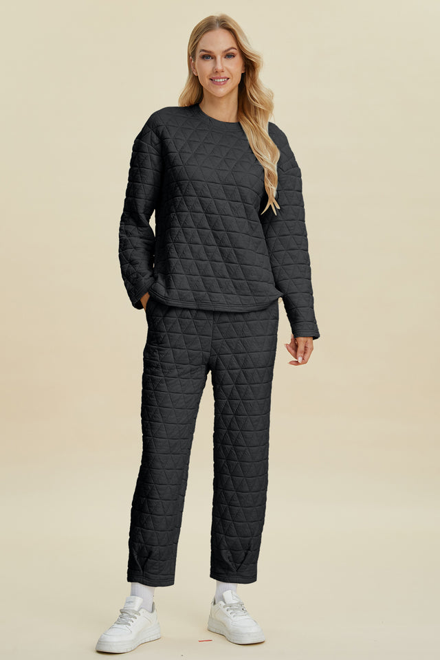 Double Take Full Size Texture Round Neck Long Sleeve Top and Pants Set | Hanalas