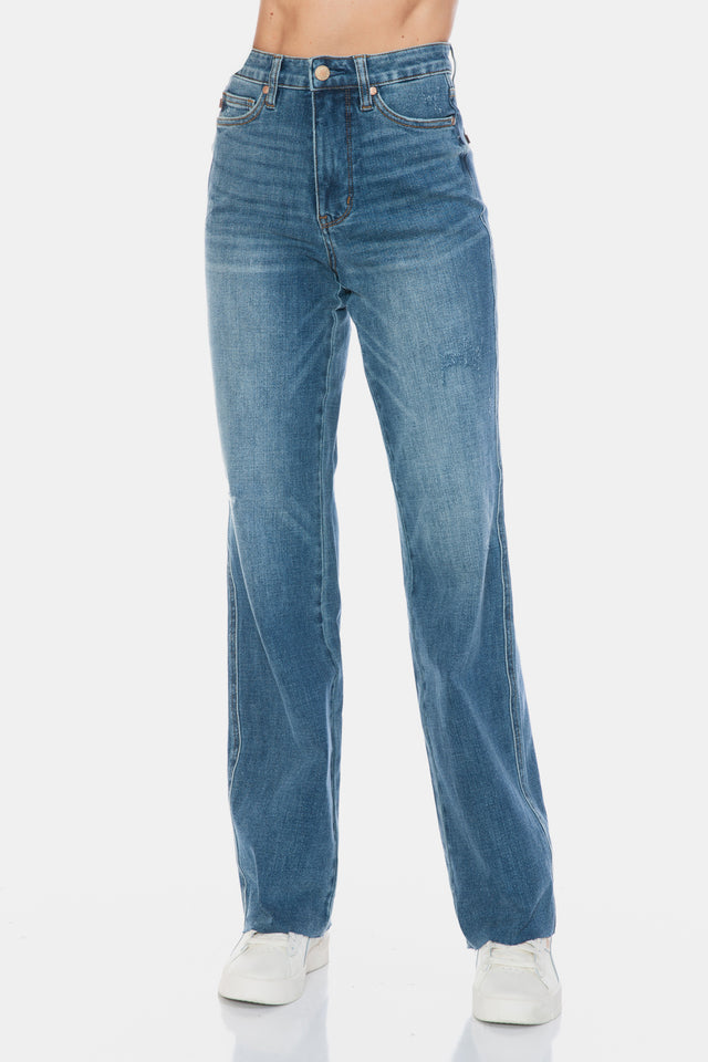 Judy Blue Full Size Tummy Control Cut Raw Hem Straight Jeans Trendsi Hanalas