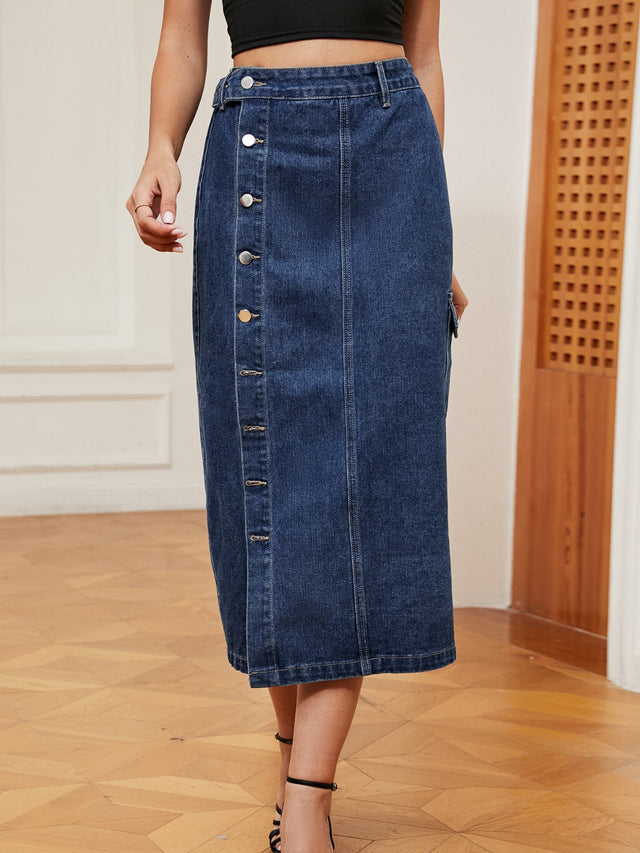 Button Down Midi Denim Skirt Trendsi Hanalas