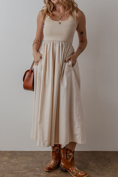 Scoop Neck Ribbed Bodice Sleeveless Midi Tank Dress | Hanalas