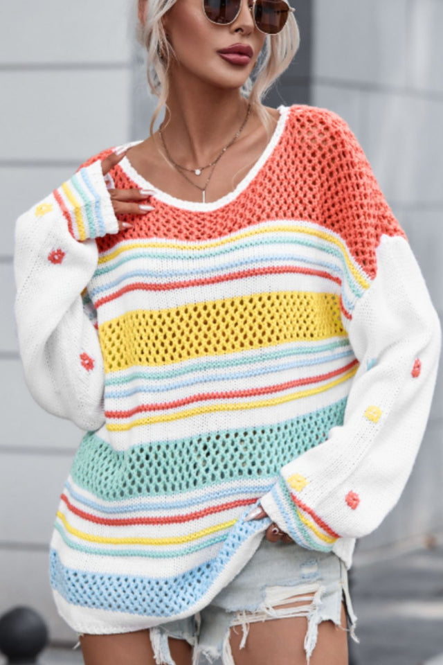 Hollow Striped Color Block Round Neck Sweater | Hanalas