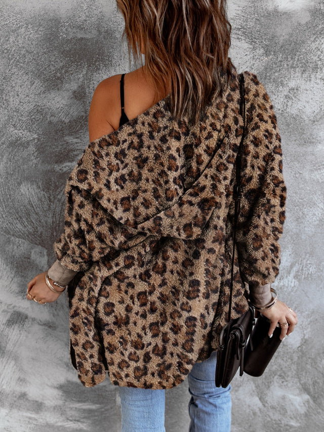 Fuzzy Leopard Long Sleeve Hooded Jacket | Hanalas