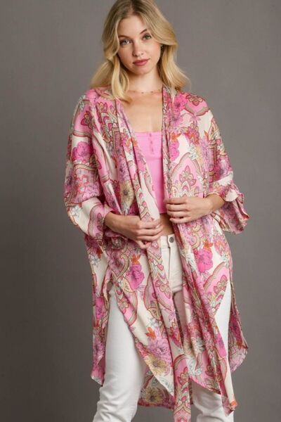 Umgee Full Size Mixed Print Open Front Kimono with Ruffle Sleeves Plus Size | Hanalas
