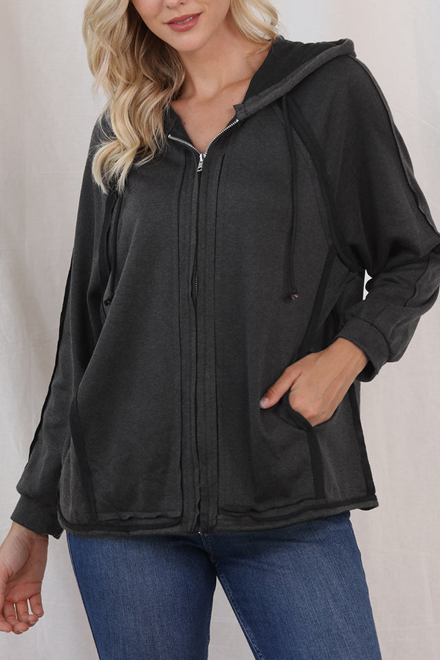 Exposed Seam Zip Up Long Sleeve Drawstring Hoodie | Hanalas