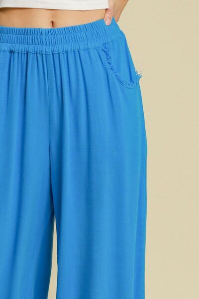 Umgee Full Size Linen Blend Elastic Waistband Wide Leg Pants Plus Size | Hanalas