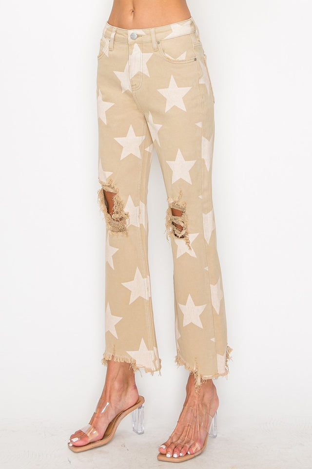 RISEN Full Size High Rise Star Printed Frayed Hem Jeans Trendsi Hanalas