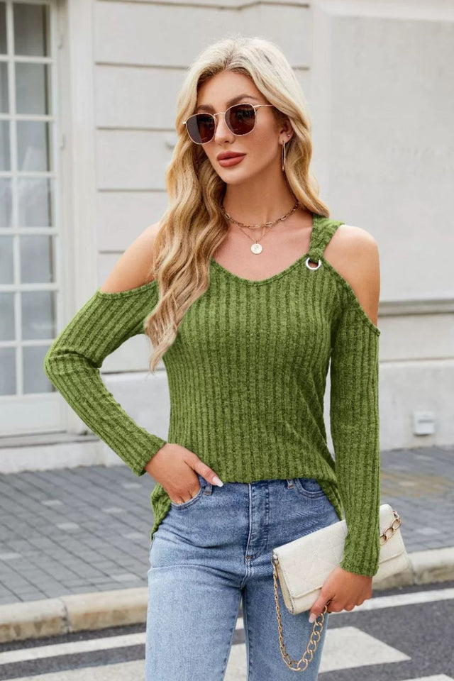 Ribbed Cold Shoulder Long Sleeve Top | Hanalas