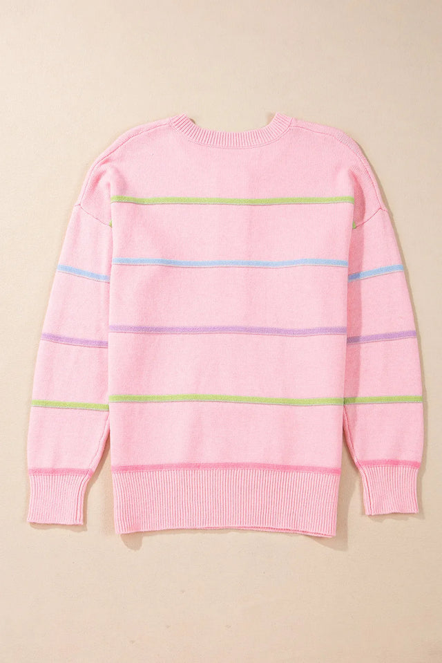 Contrast Striped Half Button Round Neck Sweater Trendsi Hanalas