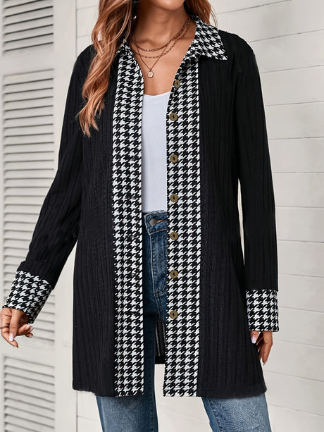 Houndstooth Button Up Long Sleeve Cardigan | Hanalas