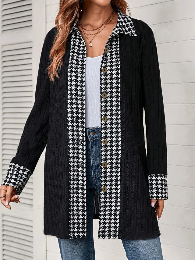 Houndstooth Button Up Long Sleeve Cardigan | Hanalas