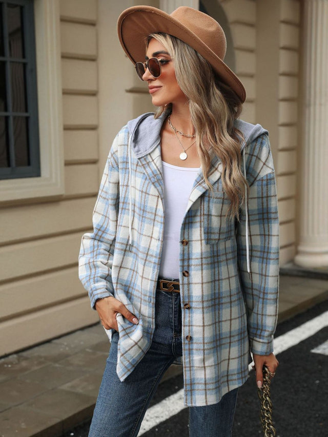 Drawstring Plaid Button Up Hooded Jacket Trendsi Hanalas