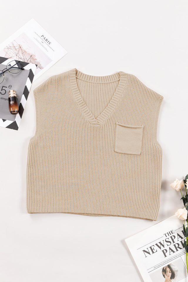 Pocketed V-Neck Cap Sleeve Sweater | Hanalas