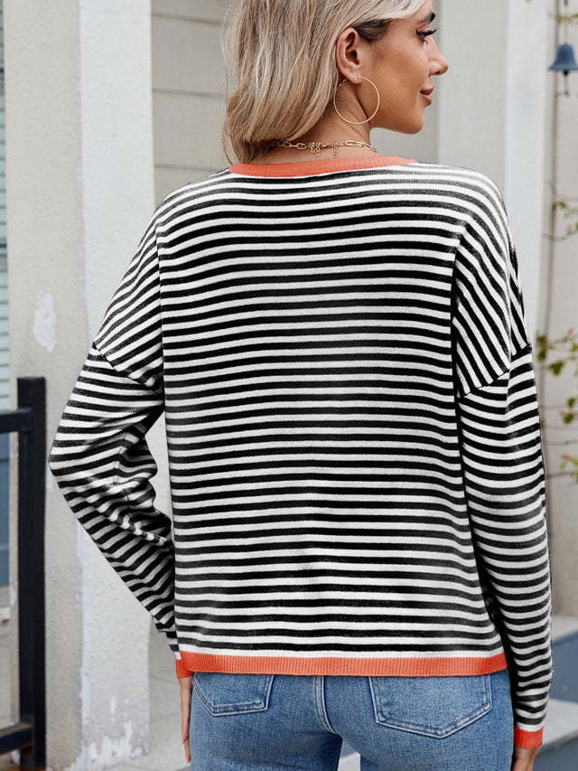 Striped Contrast Round Neck Long Sleeve Sweater | Hanalas