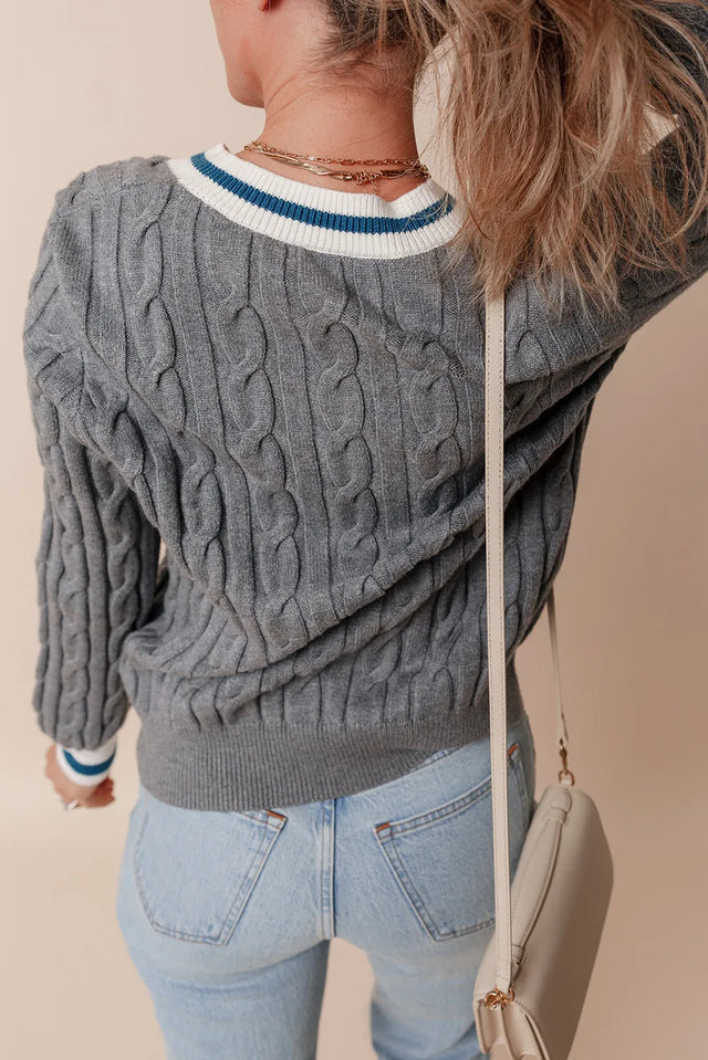 Cable-Knit V-Neck Long Sleeve Sweater Trendsi Hanalas