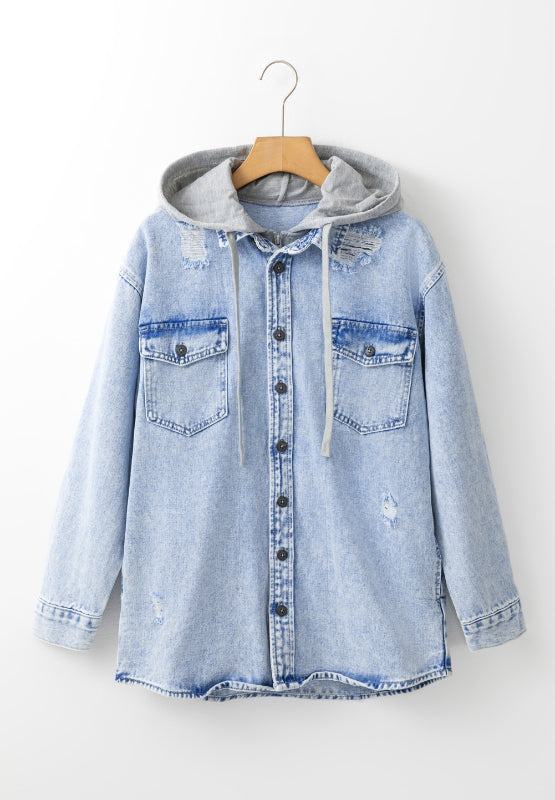 Distressed Button Up Hooded Denim Jacket with Pockets Trendsi Hanalas