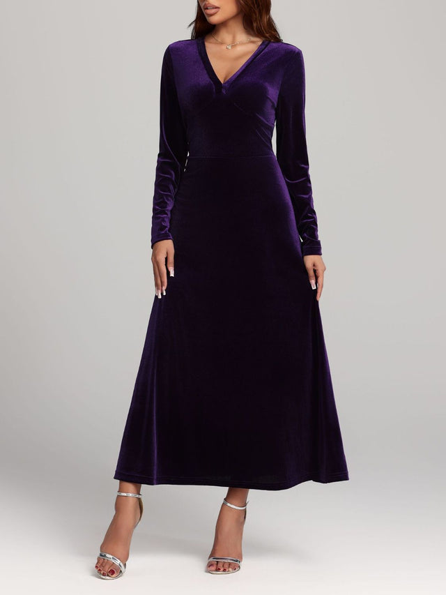 V-Neck Long Sleeve Velvet Dress | Hanalas