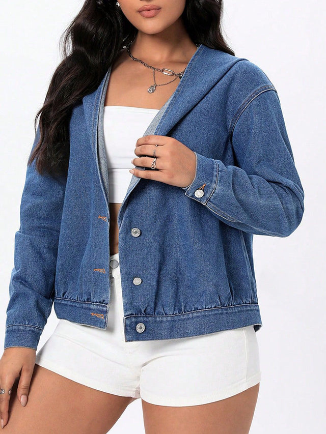 Button Up Hooded Denim Top Trendsi Hanalas