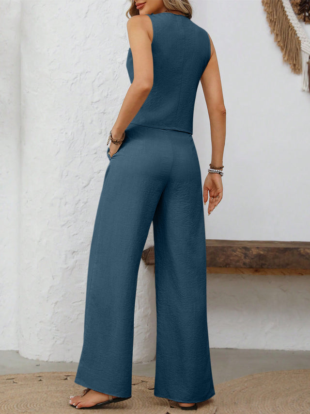 V-Neck Button Down Vest and Wide Leg Pants Set | Hanalas