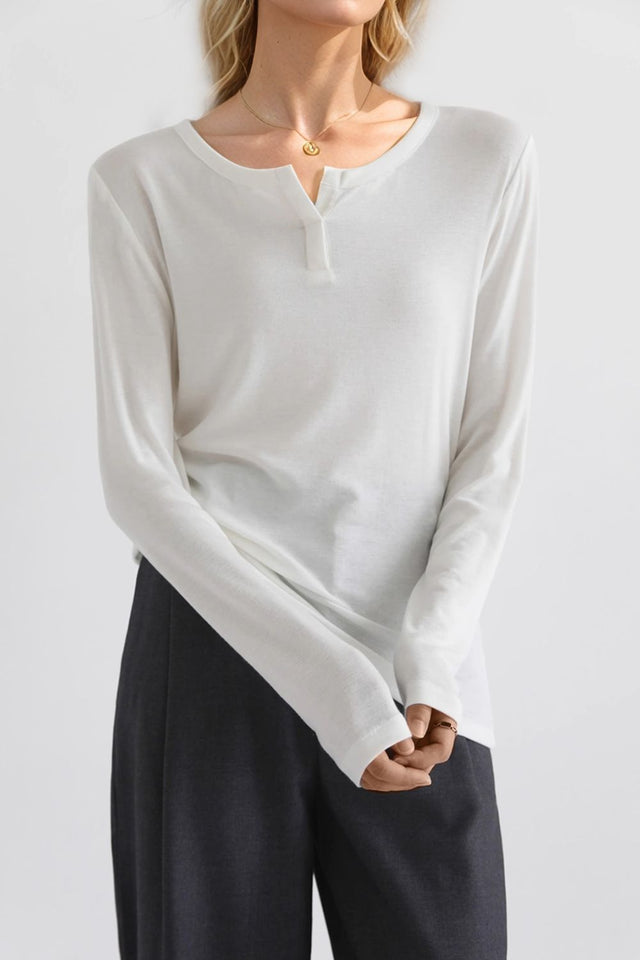 Basic Bae Notched Long Sleeve T-Shirt Trendsi Hanalas