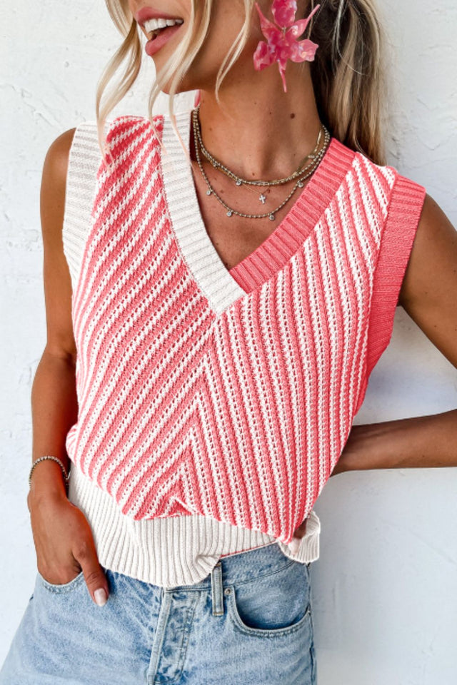 Striped Contrast V-Neck Sweater Vest | Hanalas