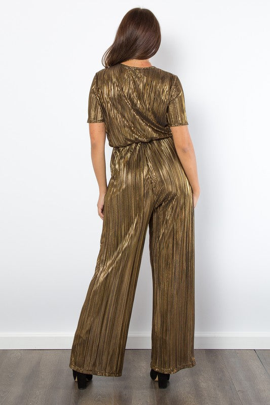 Be Stage Surplice Short Sleeve Pleated Foil Jumpsuit | Hanalas