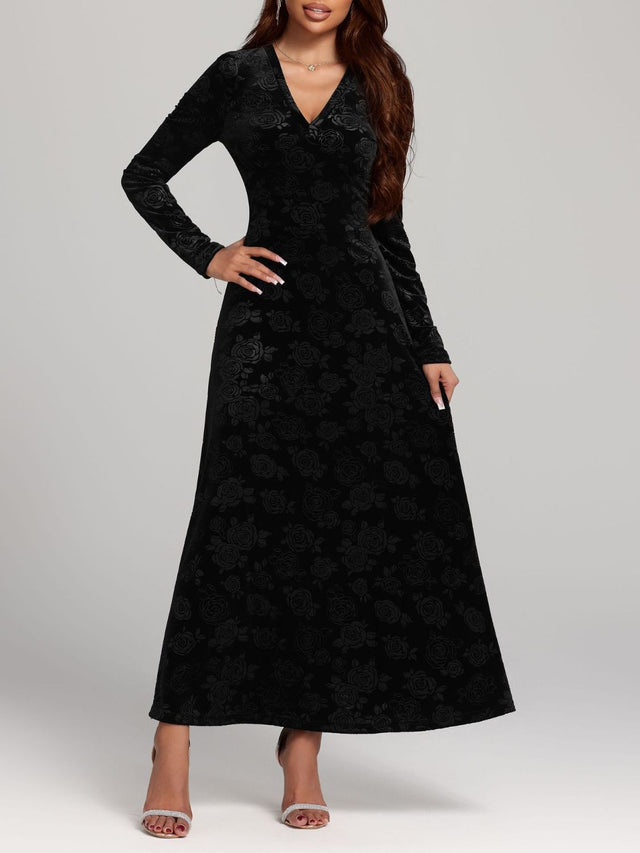 Rose Print V-Neck Long Sleeve Dress | Hanalas