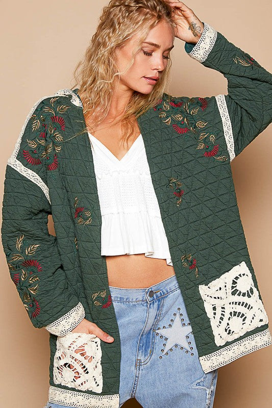 POL Embroidered Open Front Quilted Jacket with Crochet Pockets | Hanalas