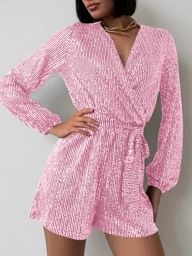 Full Size Sequin Surplice Tie Waist Long Sleeve Romper | Hanalas