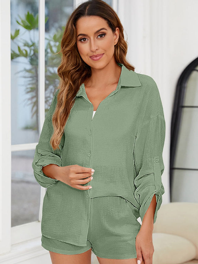 Button Up Long Sleeve Top and Shorts Set | Hanalas