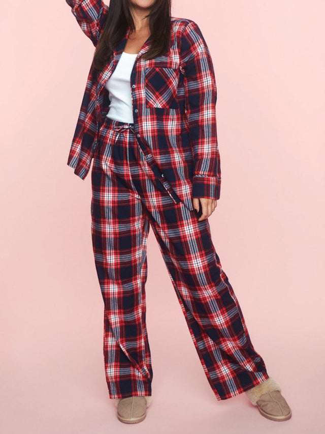 Plaid Collared Neck Button Up Top and Pants Lounge Set | Hanalas