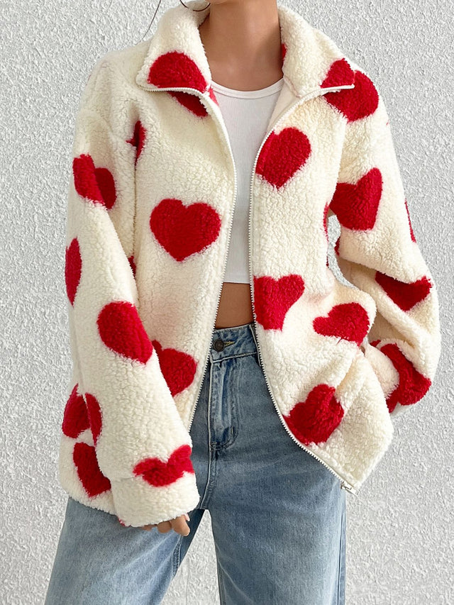 Heart Zip Up Drop Shoulder Furry Jacket | Hanalas