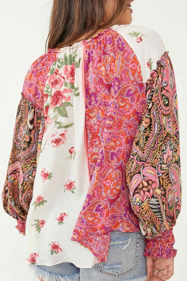 Frill Floral Shirred Cuff Long Sleeve Blouse | Hanalas