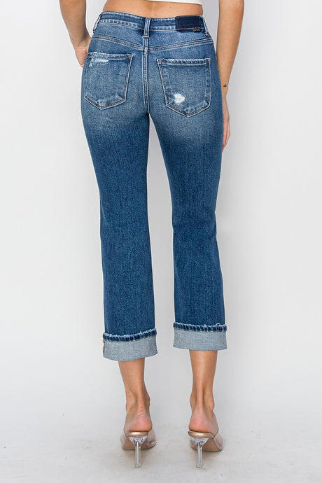 RISEN Full Size Cuffed Ankle Distressed Straight Jeans Trendsi Hanalas