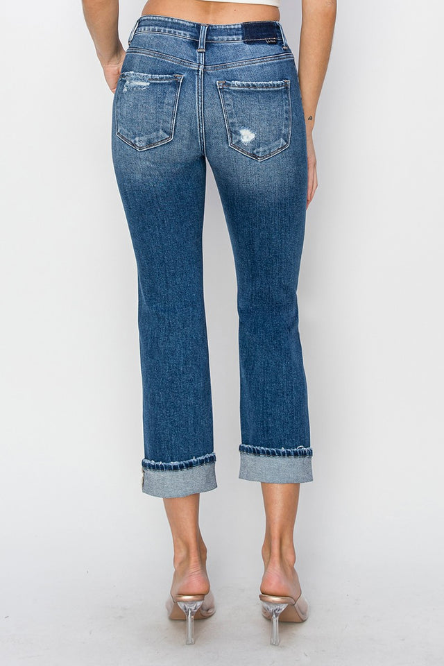 RISEN Full Size Cuffed Ankle Distressed Straight Jeans Trendsi Hanalas