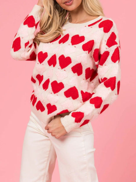 Valentine’s Day Fuzzy Heart Round Neck Long Sleeve Sweater | Hanalas