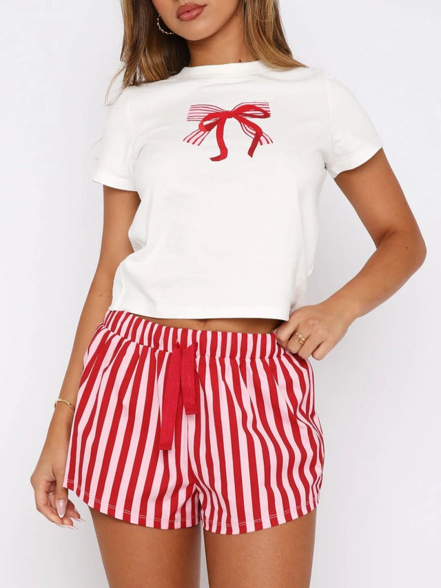 Printed Round Neck Short Sleeve Top and Drawstring Shorts Set | Hanalas