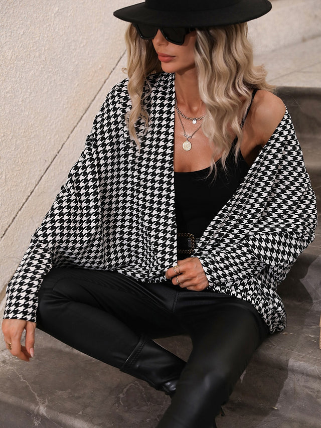 Houndstooth Open Front Batwing Sleeve Cardigan | Hanalas