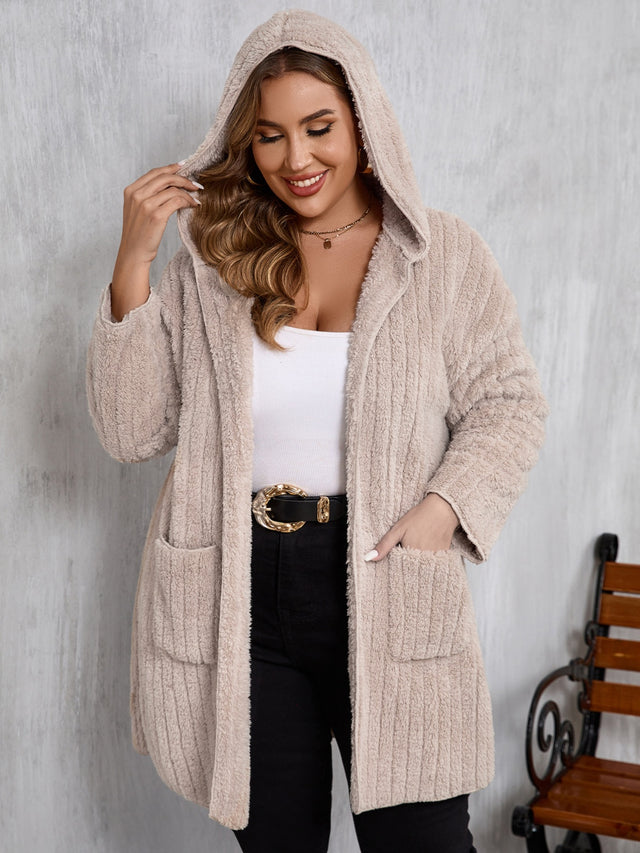 Plus Size Open Front Long Sleeve Hooded Fuzzy Jacket | Hanalas