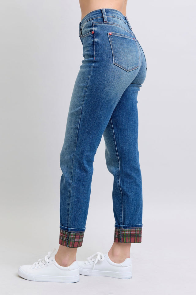 Judy Blue Full Size Plaid Print Cuff Straight Leg Jeans with Pockets | Hanalas