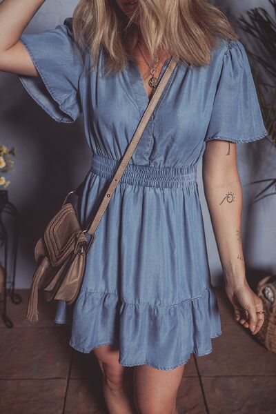 Ruffled Hem Smocked Flutter Sleeve Denim Mini Dress | Hanalas