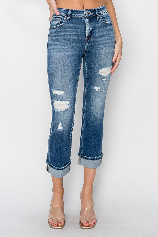 RISEN Full Size Cuffed Ankle Distressed Straight Jeans Trendsi Hanalas