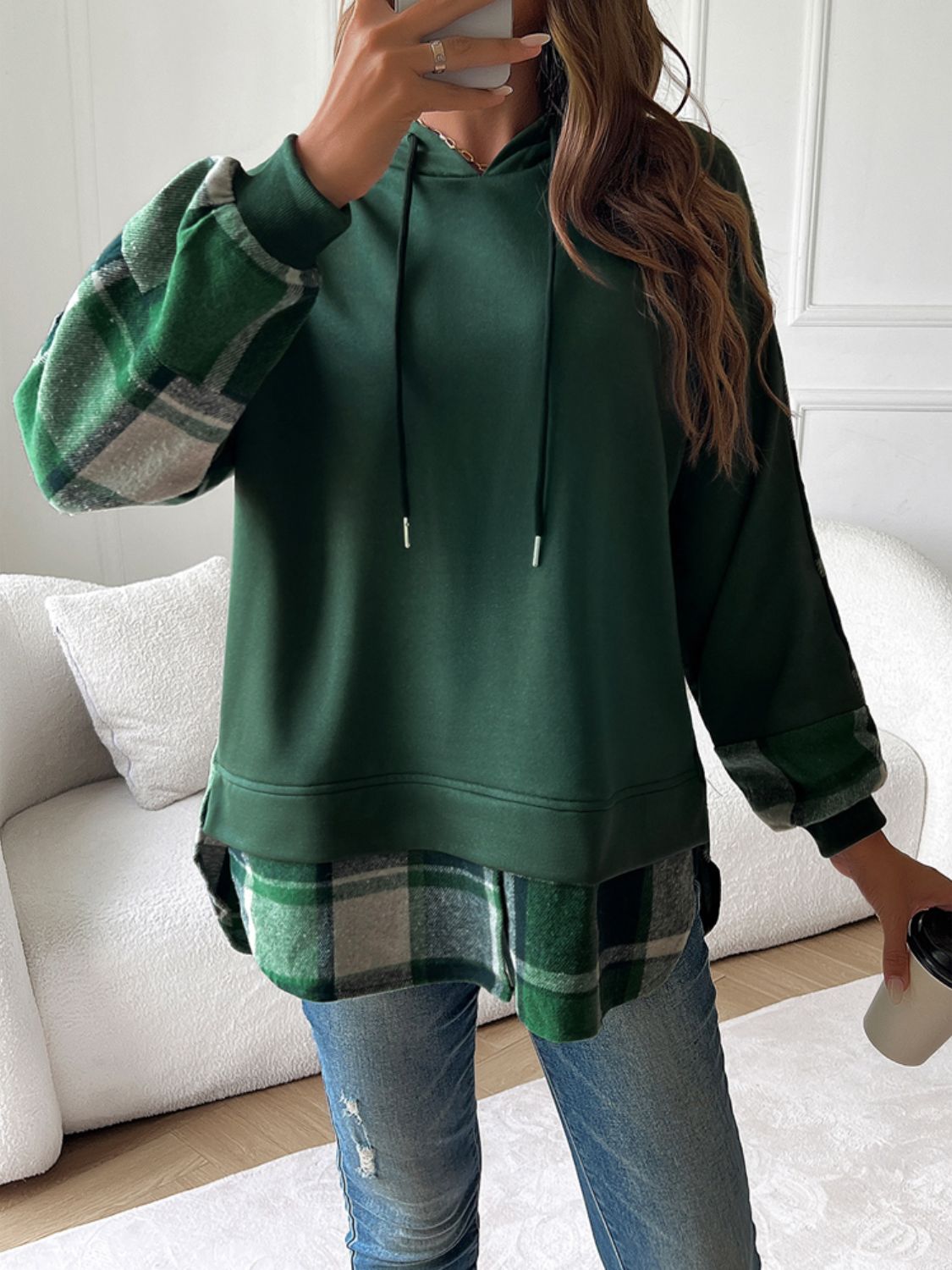 Devine Drawstring Plaid Long Sleeve Hoodie