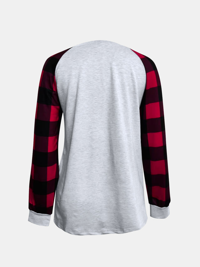 Full Size Graphic Plaid Round Neck Long Sleeve T-Shirt | Hanalas