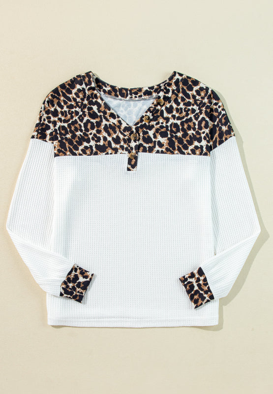 Waffle-Knit Leopard V-Neck Long Sleeve Blouse | Hanalas